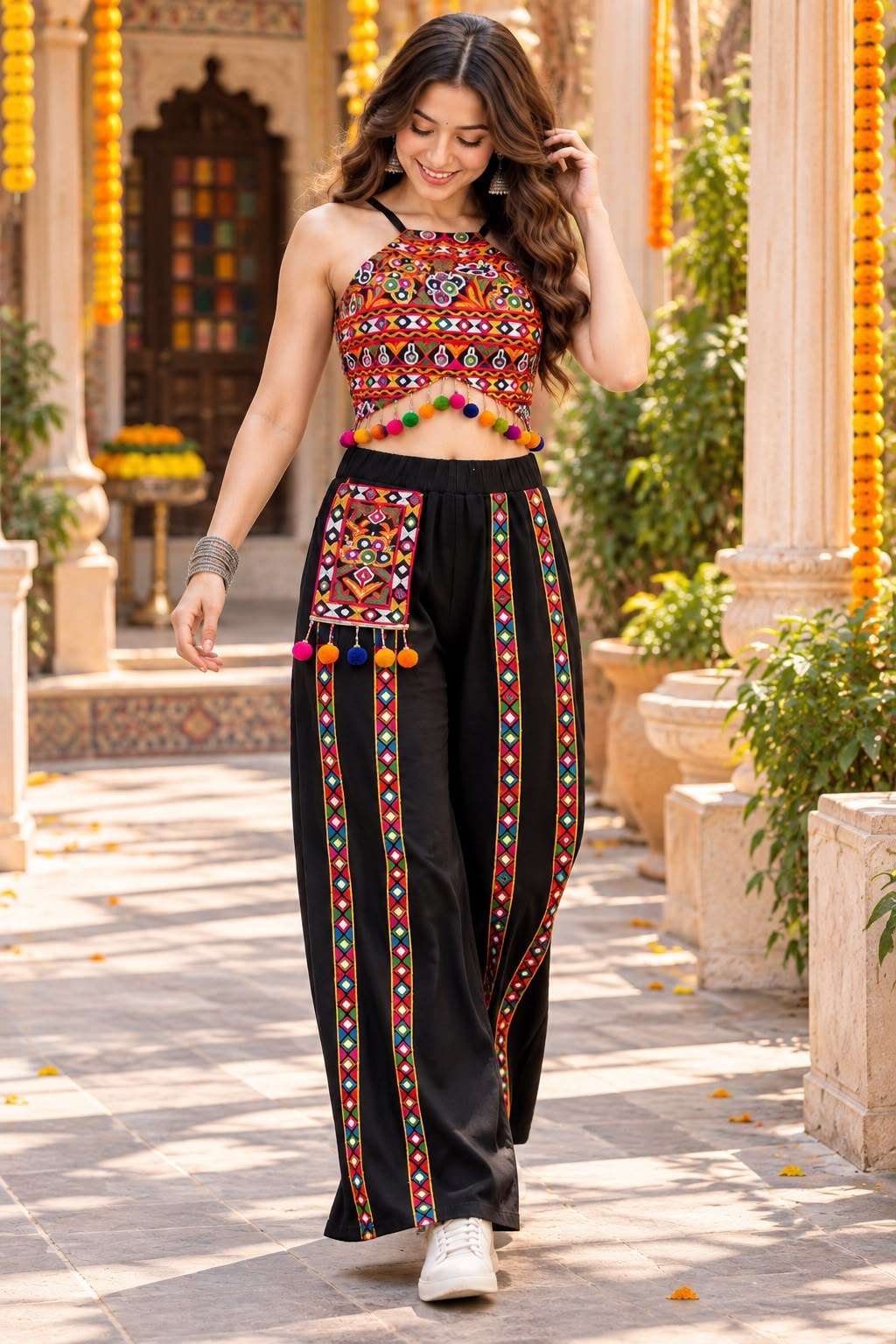 KF NV 61 RIBBED EMBROIDERY BLOUSE TOP AND PALAZZO NAVRATRI WESTERN TYPE DEALER